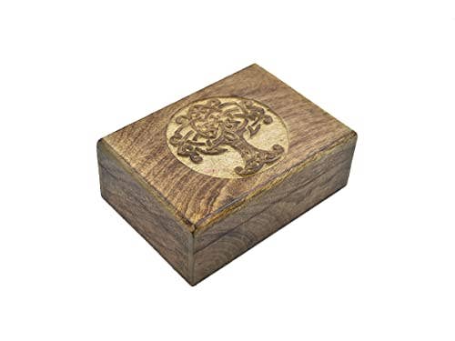 Hand Carved Wooden Keepsake Trinket Storage Box with Tree of Life