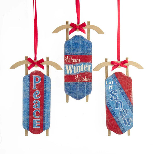 Wooden denim sled ornament 3/asstd.
