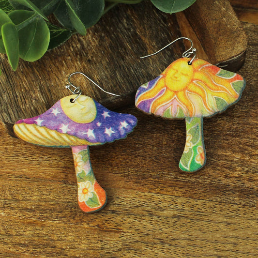 Morning Moon Mushroom Wood Earrings