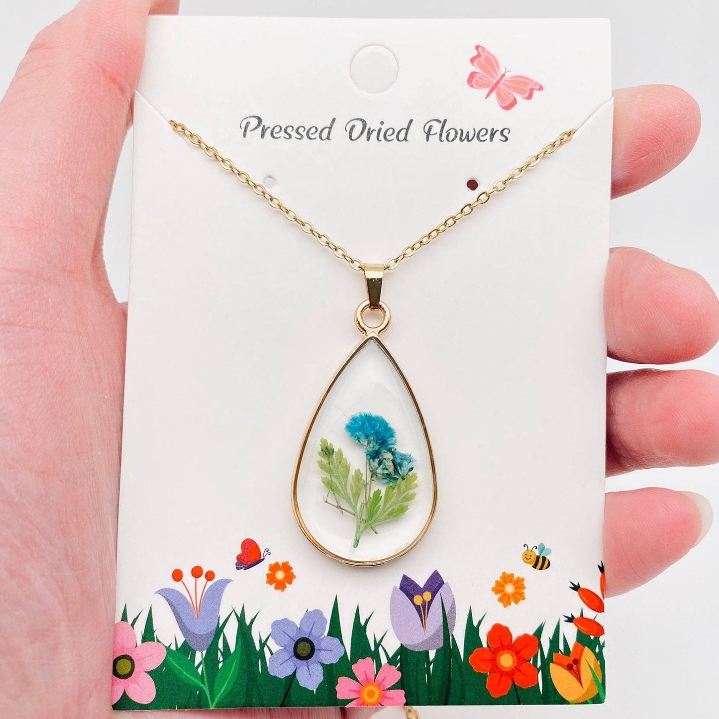 Baby’s Breath & Fern Pressed Dried Flower Teardrop Necklace