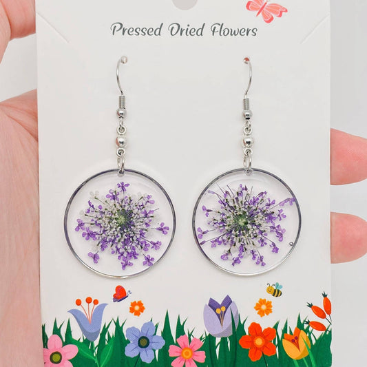Queen Anne's Lace Round Pendant Dried Flowers Earrings