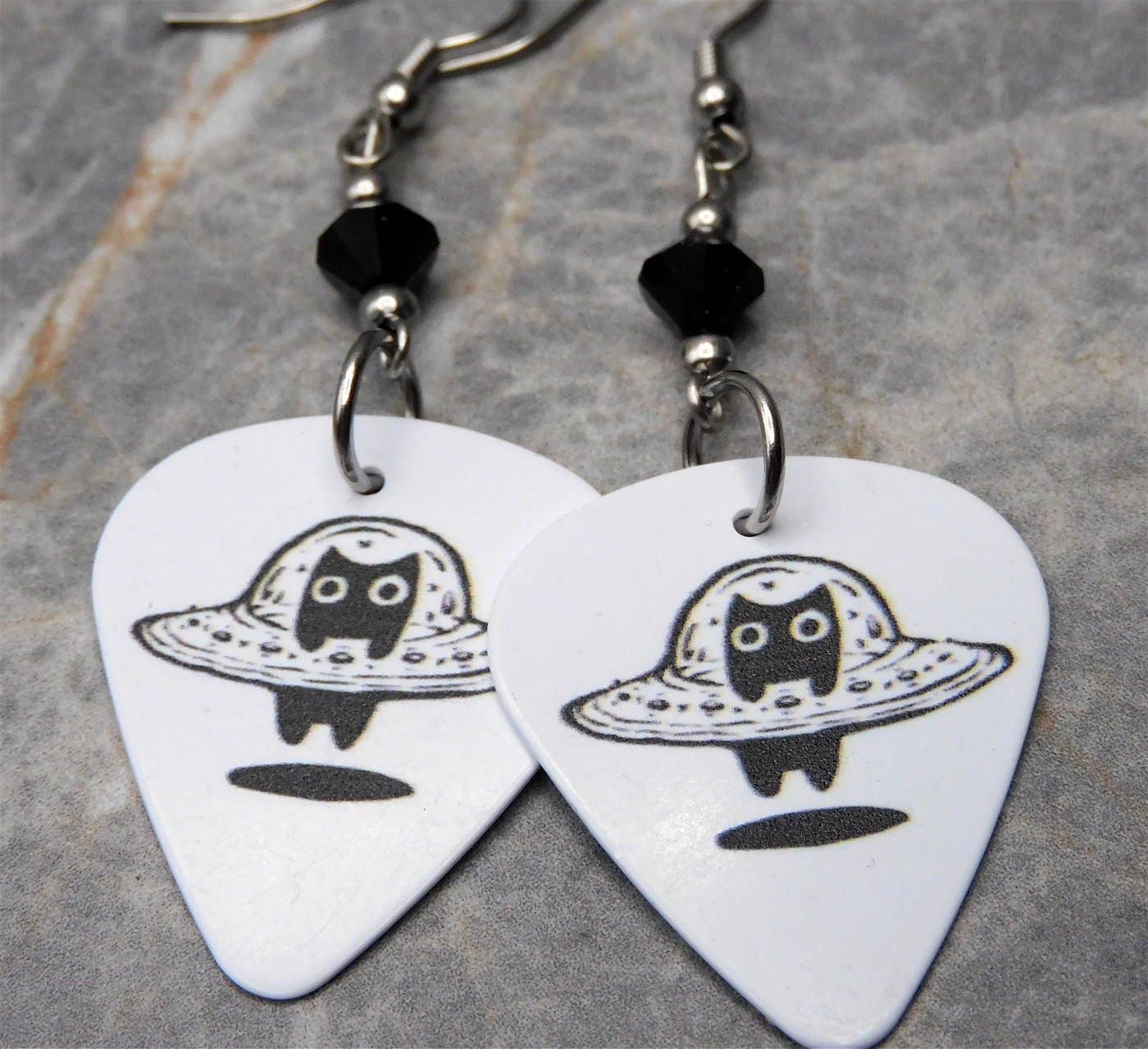 Black Cat In A UFO Guitar Pick Earrings w Black Swarovskis