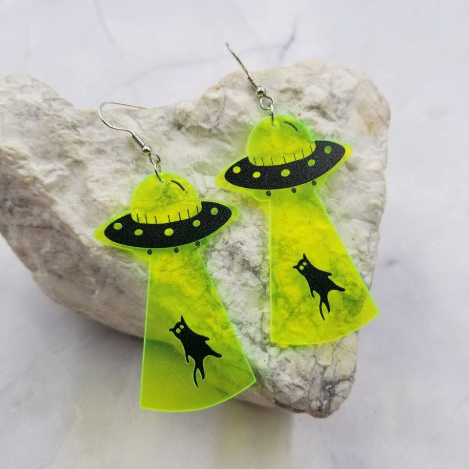 Translucent UFO Black Cat Earrings