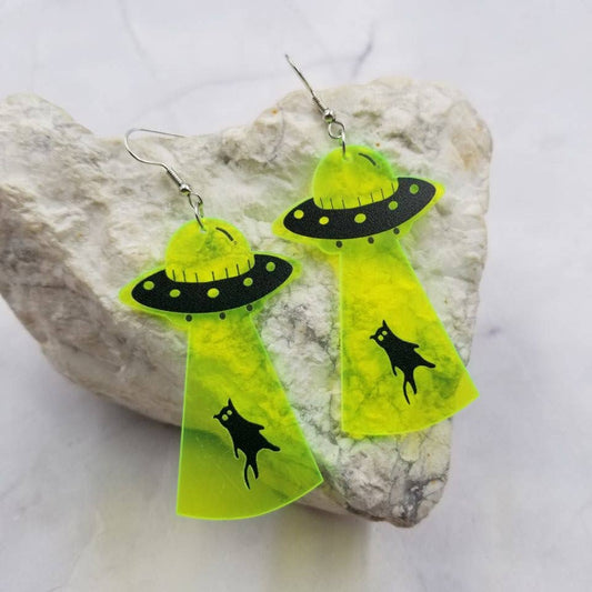 Translucent UFO Black Cat Earrings