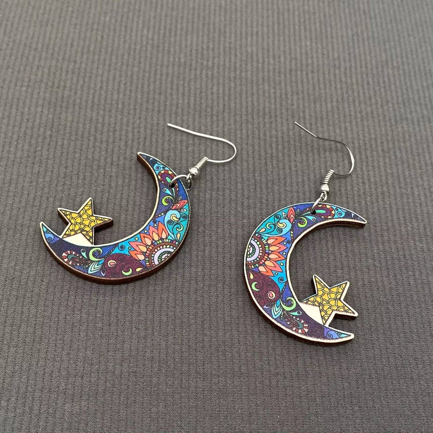 Double-sided Printed Wooden Star-moon Dangle Earrings