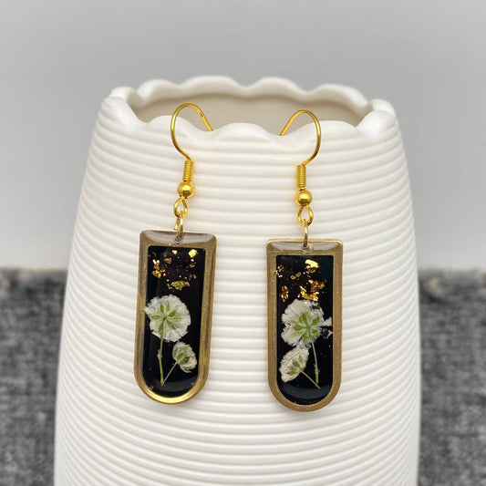Dried Flowers Geometric Black Dangle Earrings