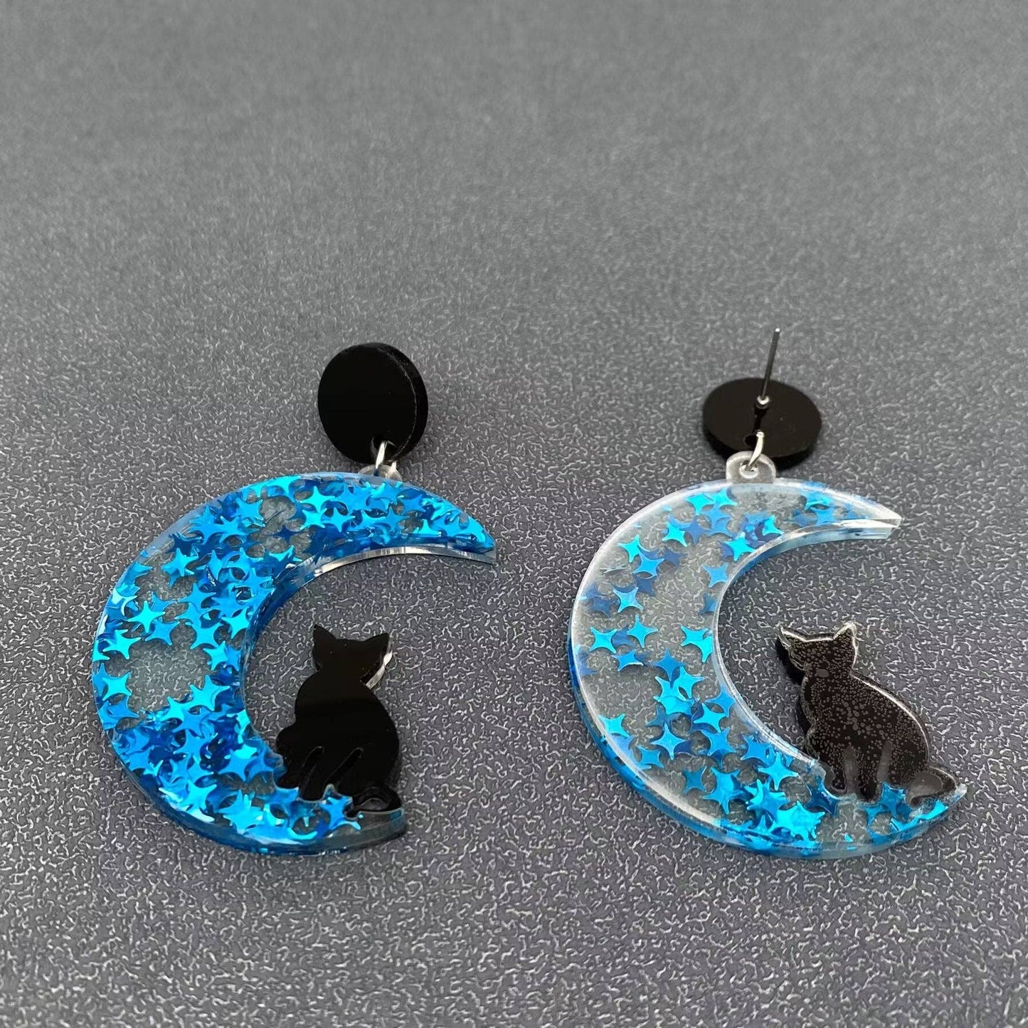 Black Cat On Blue Star Moon Dangle Earrings