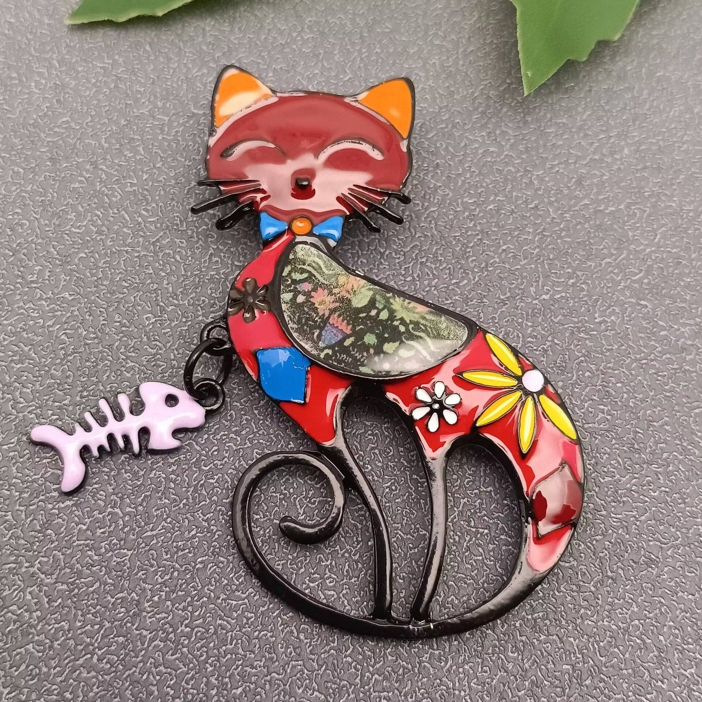 Enamel Fishbone Charm Cat Brooch