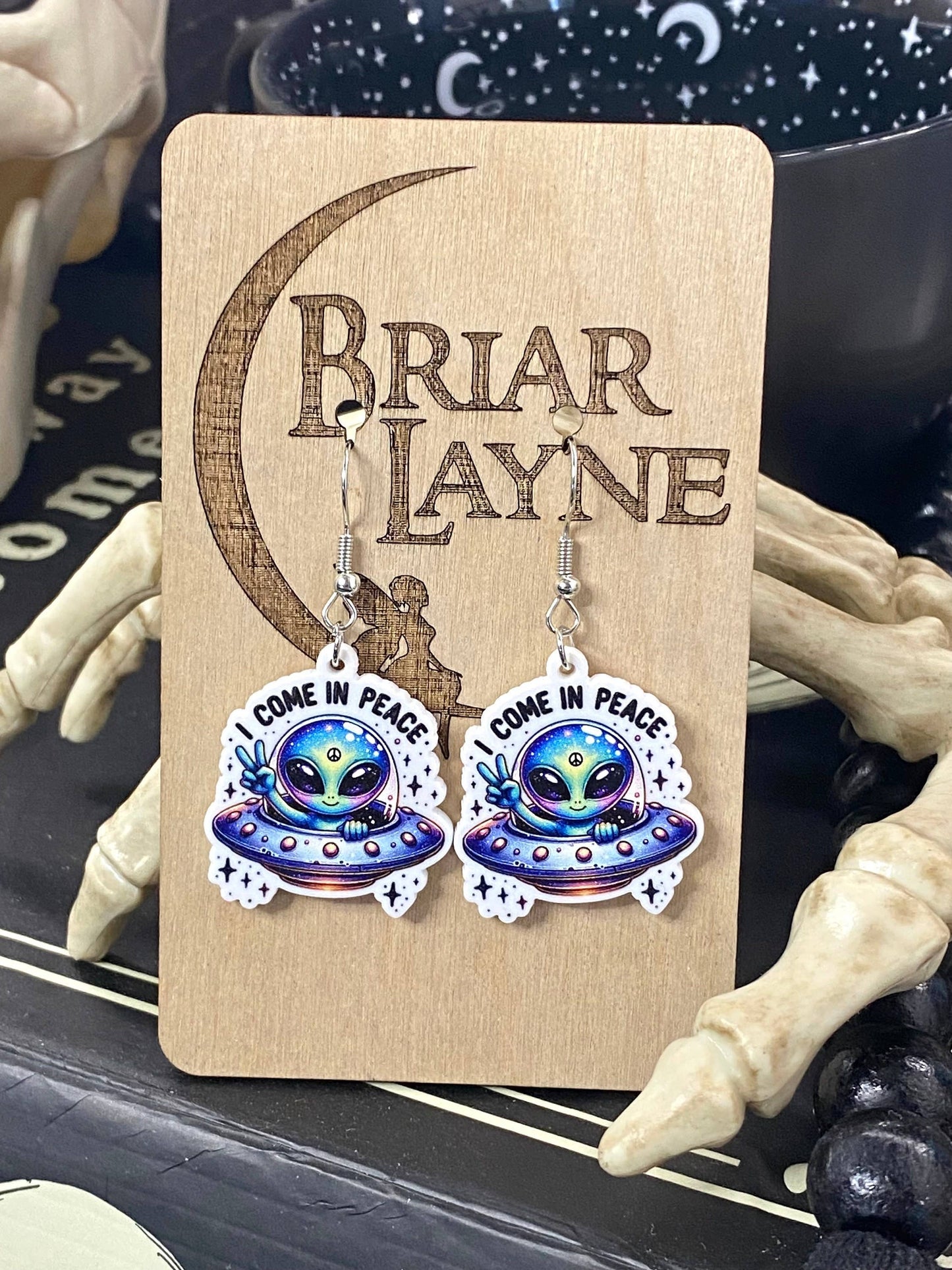 Alien Sci-Fi Book Earrings "I Come In Peace