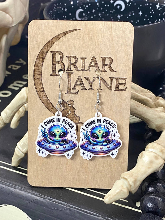 Alien Sci-Fi Book Earrings "I Come In Peace
