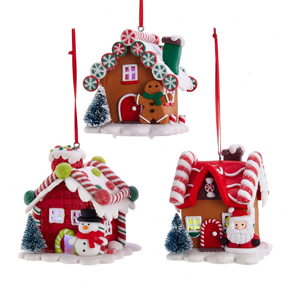 Gingerbread House Ornament with LED 3 assorted