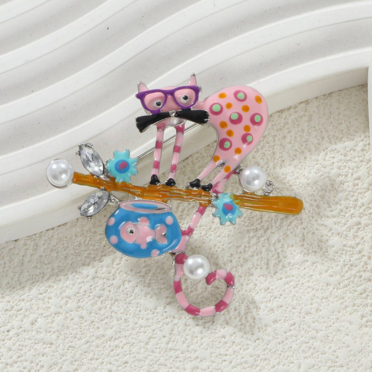 Cat and monkey enamel brooch/pin