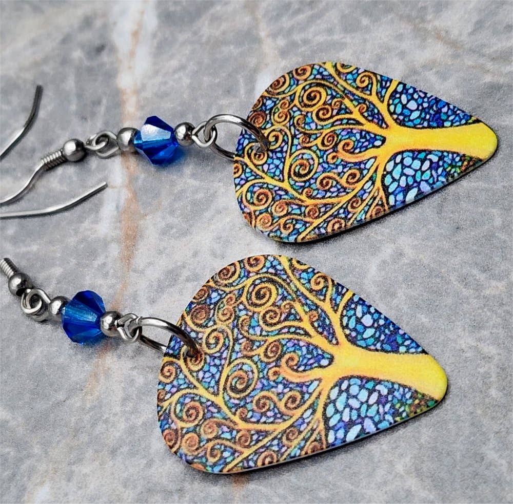 Tree of Life Guitar Pick Earrings with Capri Blue Swarovskis