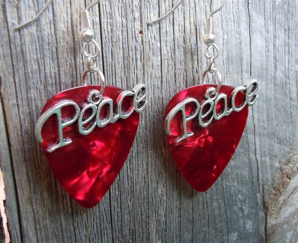 Peace Text Charm Guitar Pick Earrings