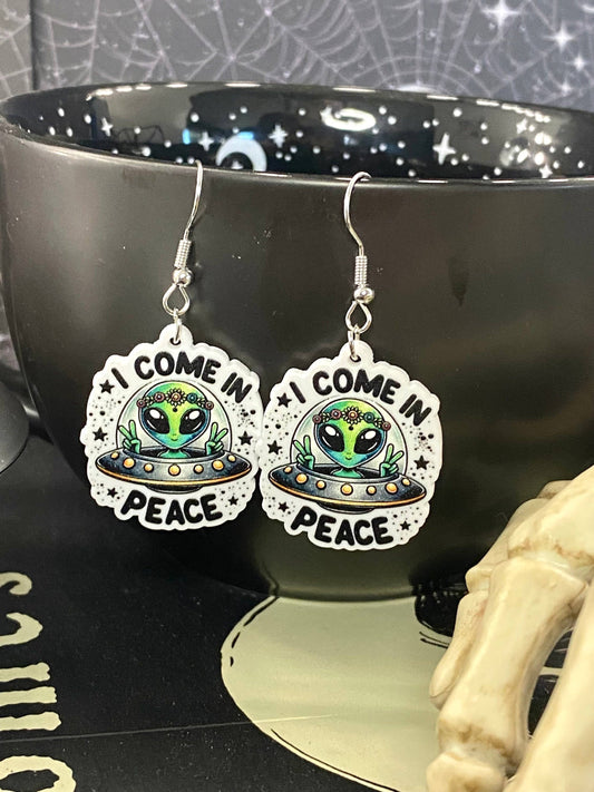 Alien Sci-Fi Book Earrings "I Come In Peace