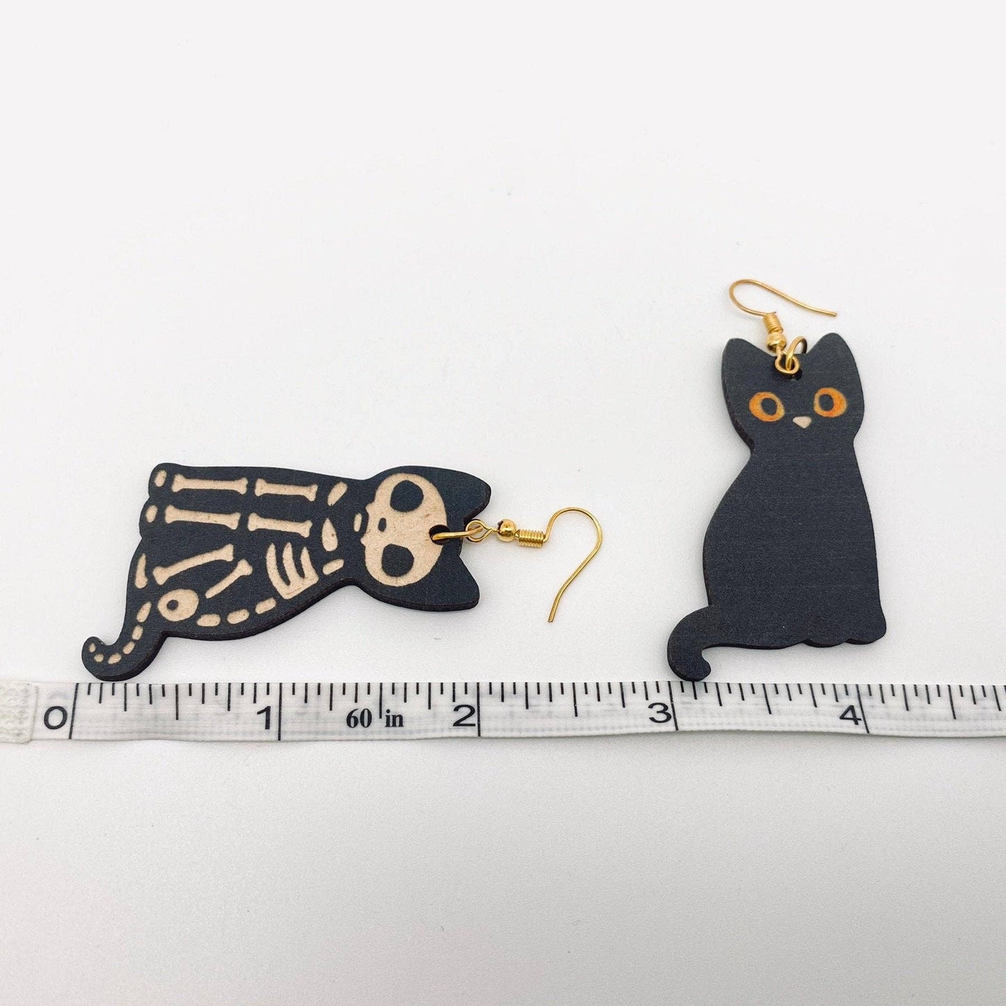 Double-sided Black Cat Skull Cat Wooden Earrings