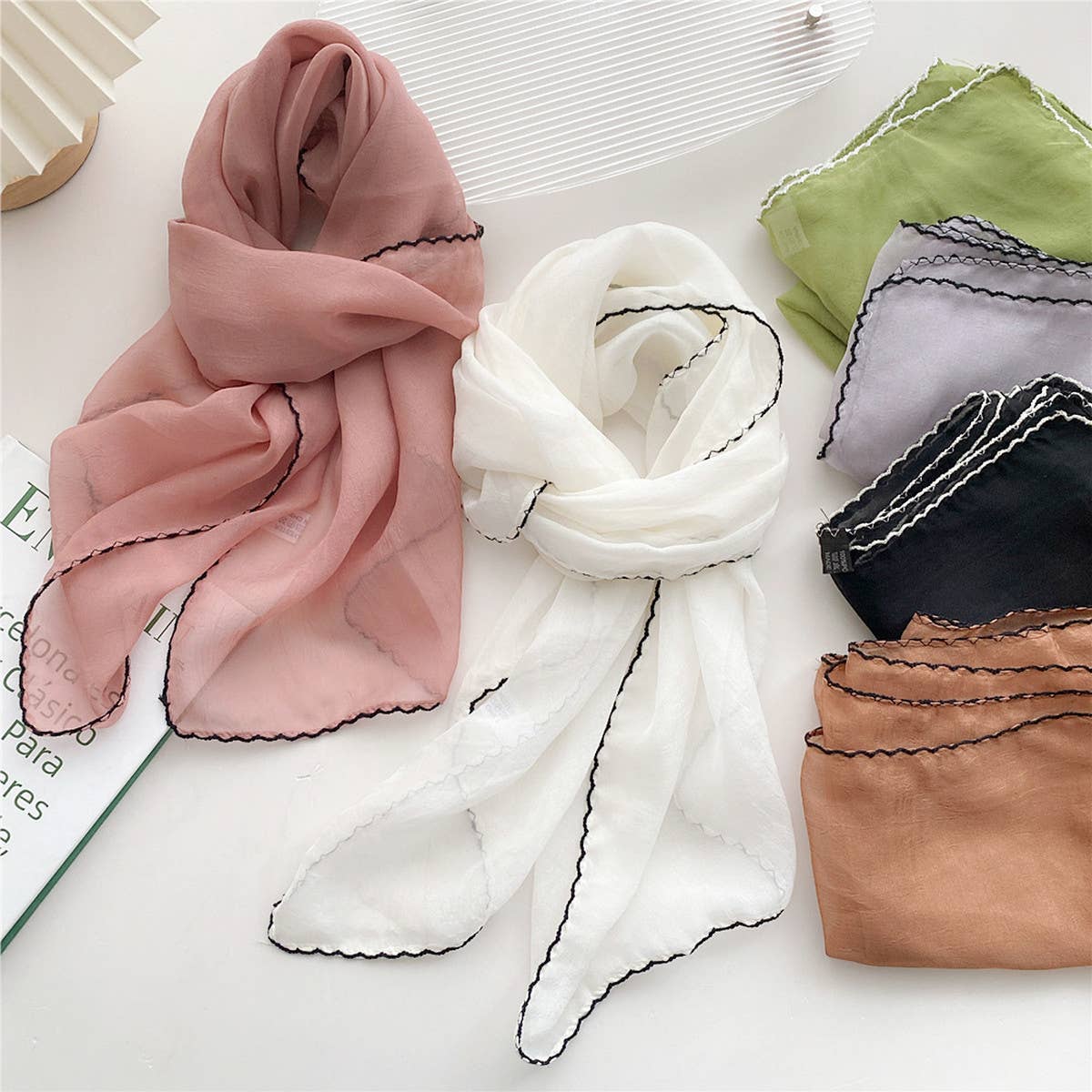Long solid scarf with beaded edge