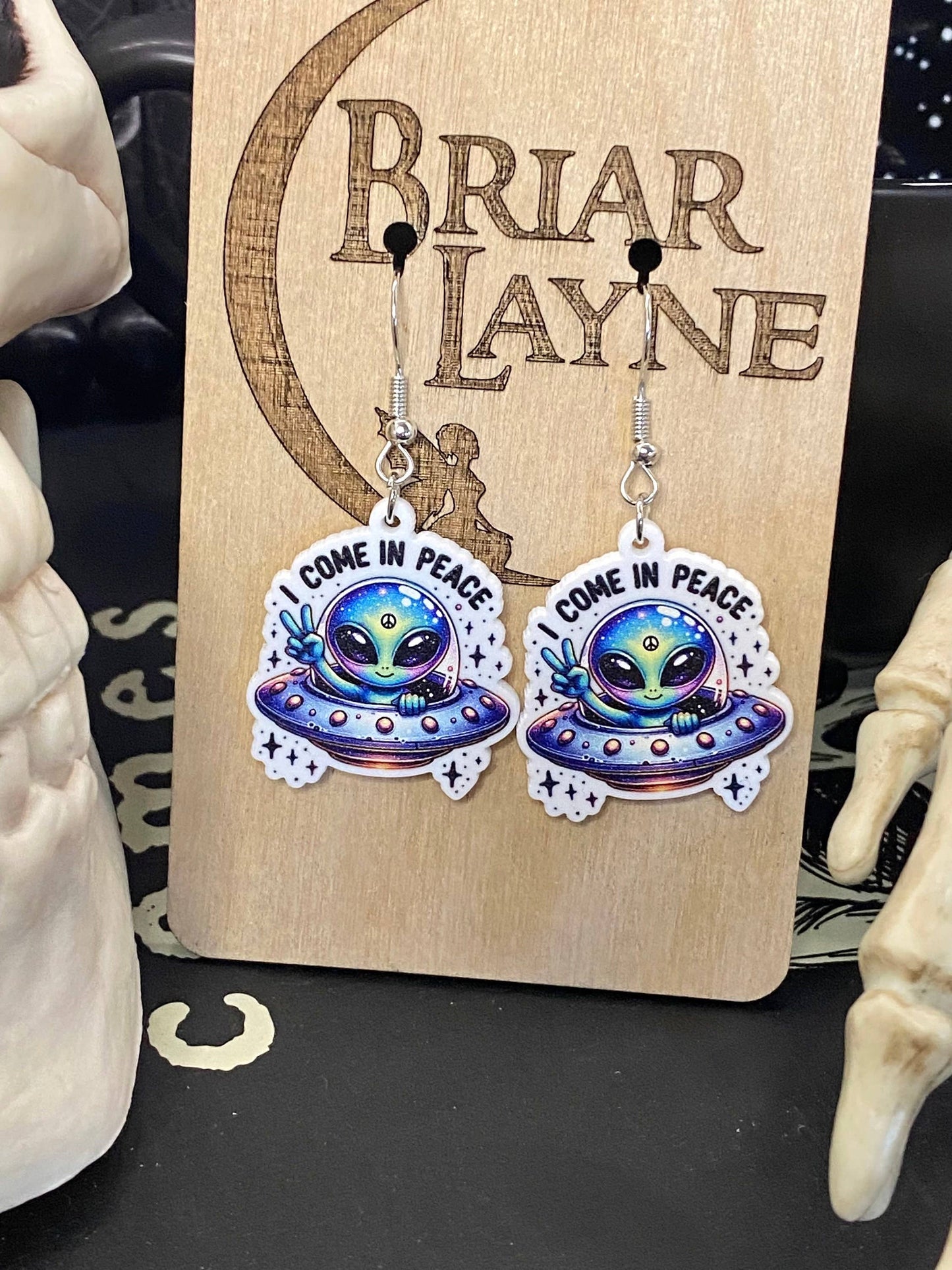 Alien Sci-Fi Book Earrings "I Come In Peace