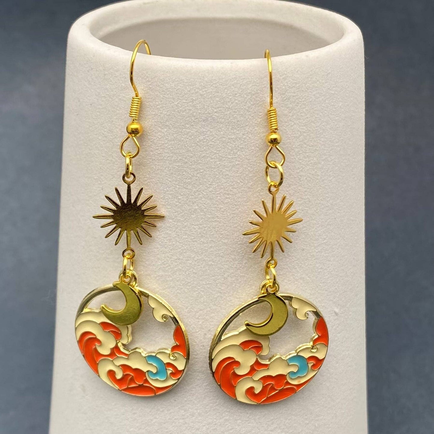 Enamel Cloud Golden Star Moon Dangle Earrings