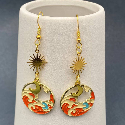 Enamel Cloud Golden Star Moon Dangle Earrings