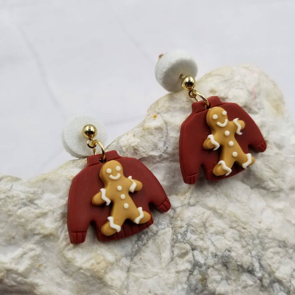 Christmas Sweater Gingerbread Man Clay Earrings