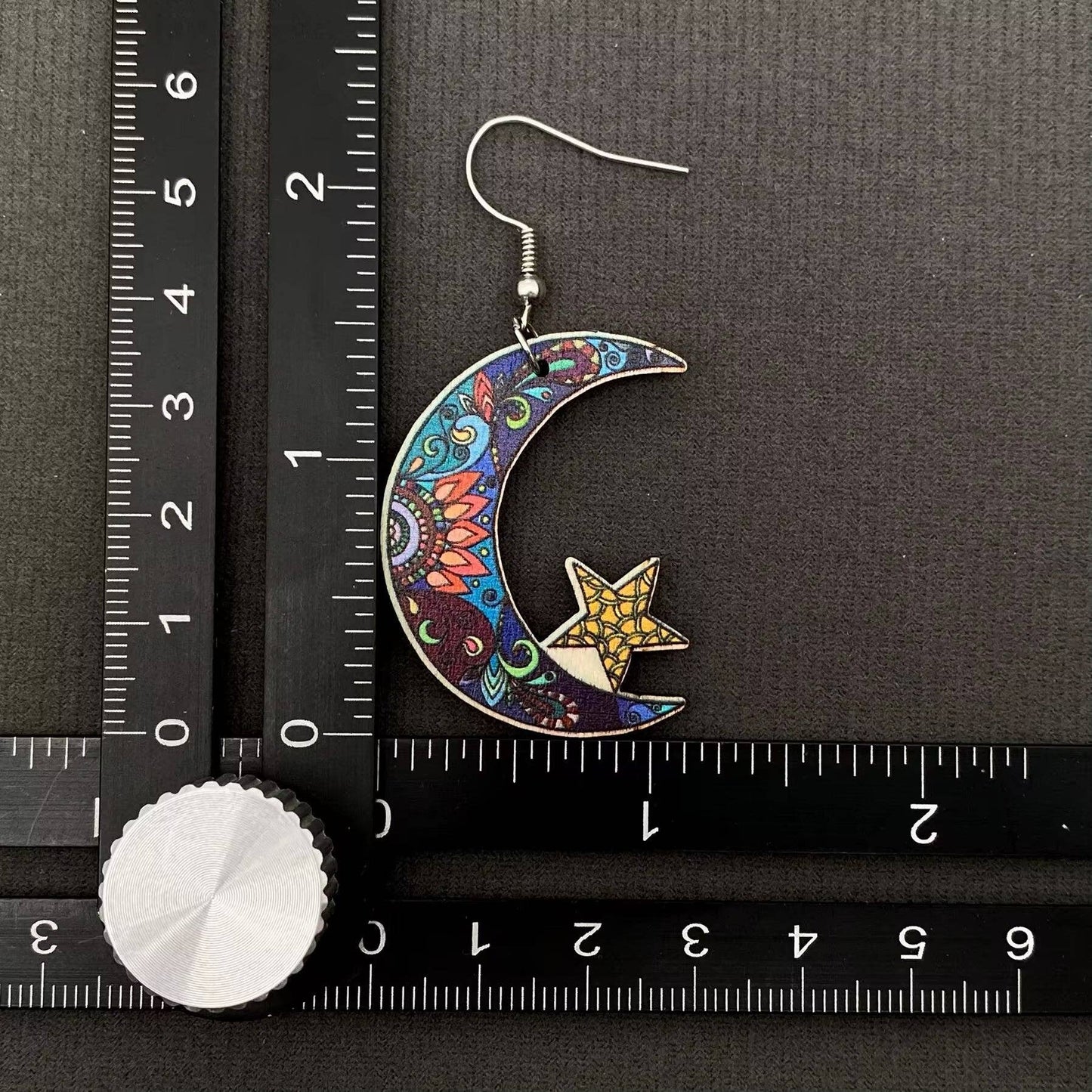 Double-sided Printed Wooden Star-moon Dangle Earrings