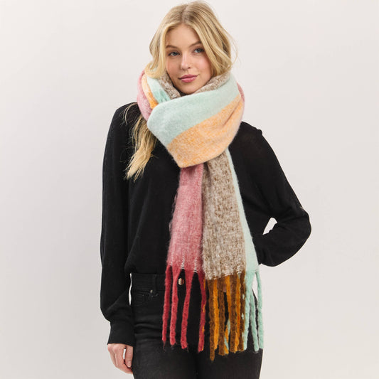 Solid Brushed Color Stripe Block Fringe Scarf