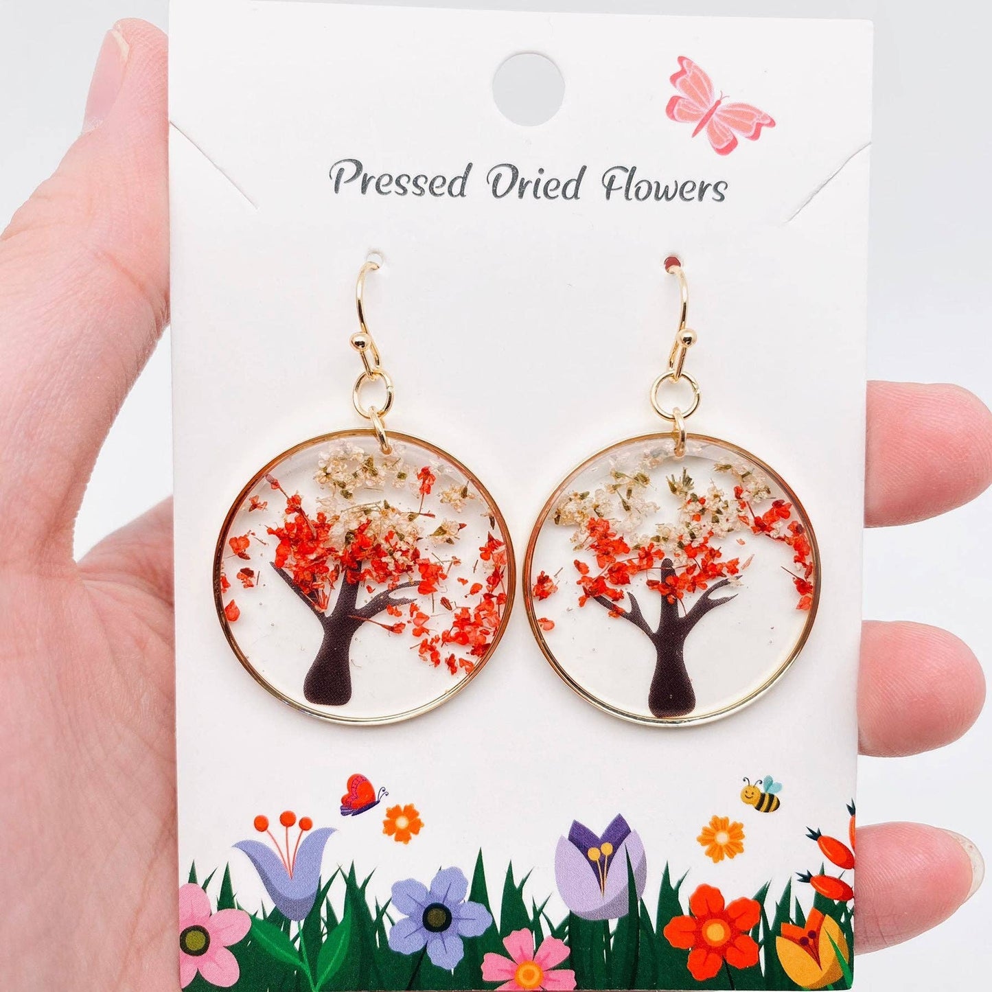 Tree of Life Dried Flowers Circular Charm Dangle Earrings