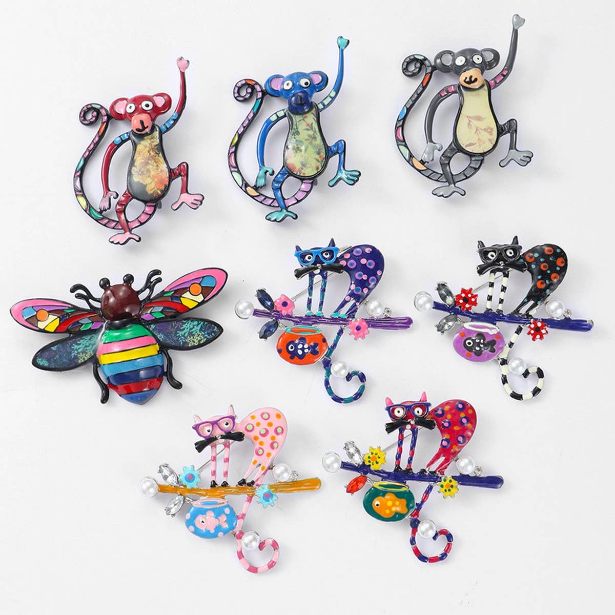 Cat and monkey enamel brooch/pin
