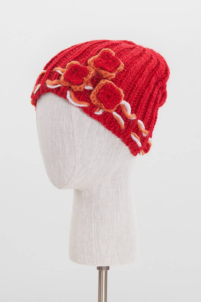 Flowers Knit Beanie Hat and Scarf Set