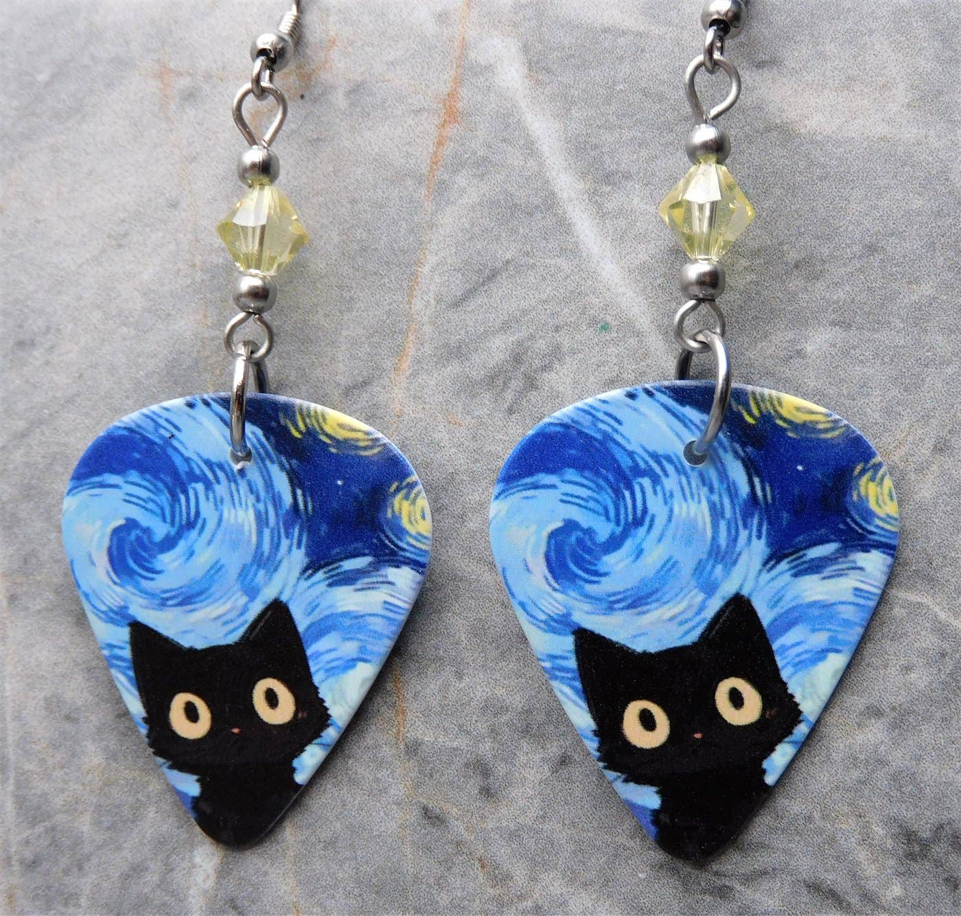 Wide Eyed Starry Night Black Cat Guitar Pick Earrings