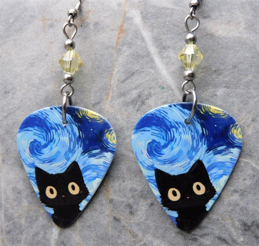 Wide Eyed Starry Night Black Cat Guitar Pick Earrings