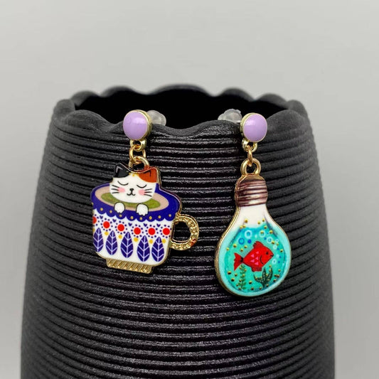 Light Bulb & Cat Asymmetric Dangle Earrings