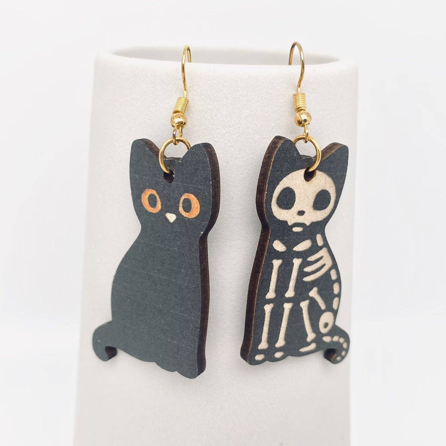 Double-sided Black Cat Skull Cat Wooden Earrings