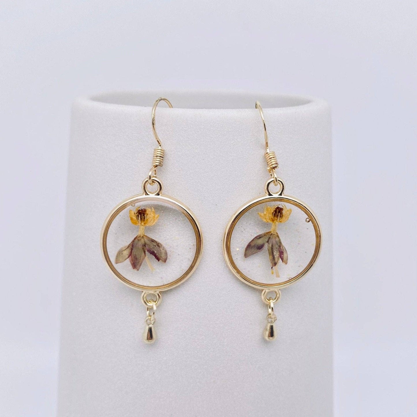 Pressed Flower Dried Flower Round Pendant Earrings