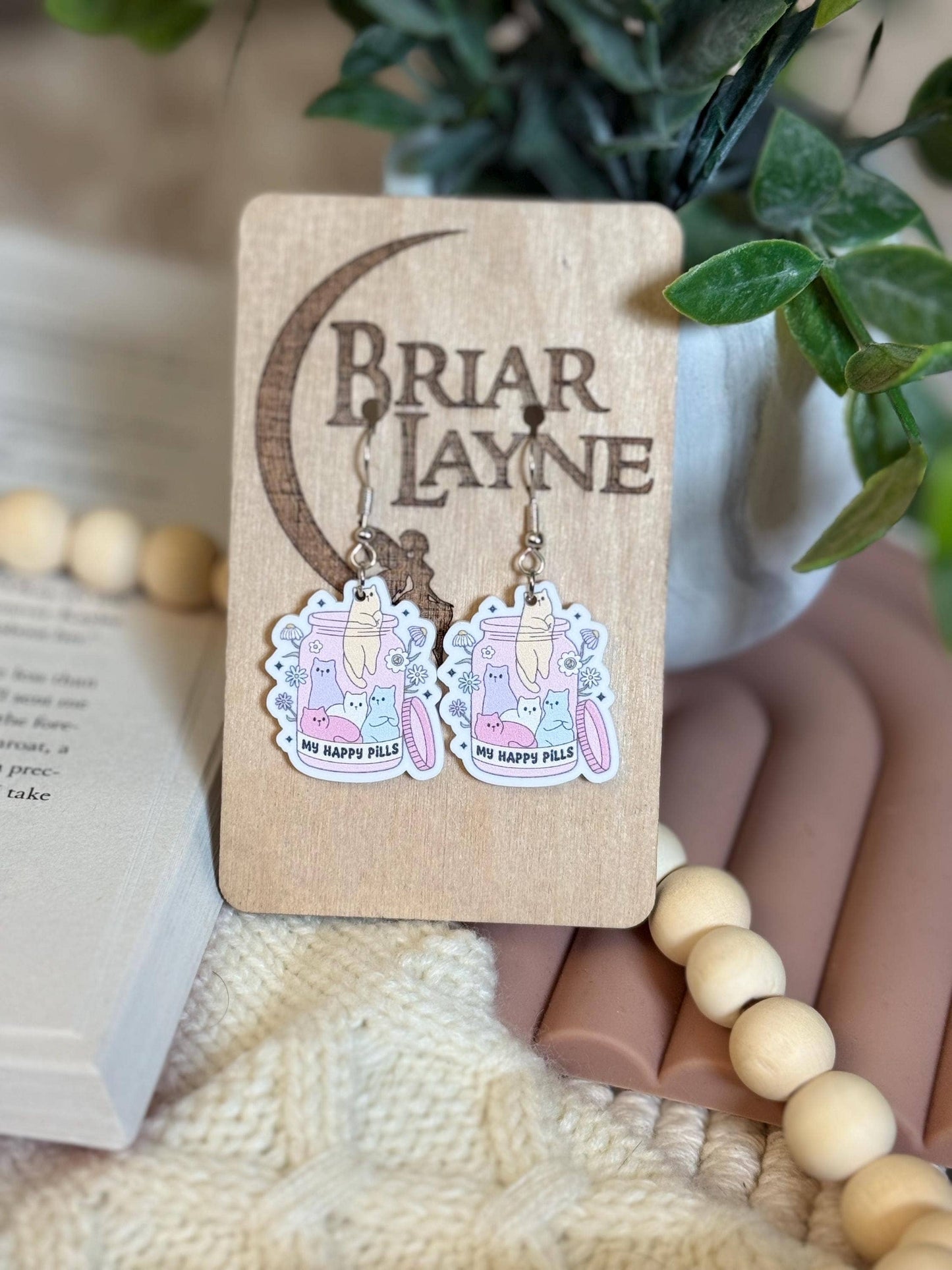 Happy Pills Cat & Book Lovers Themed Earrings