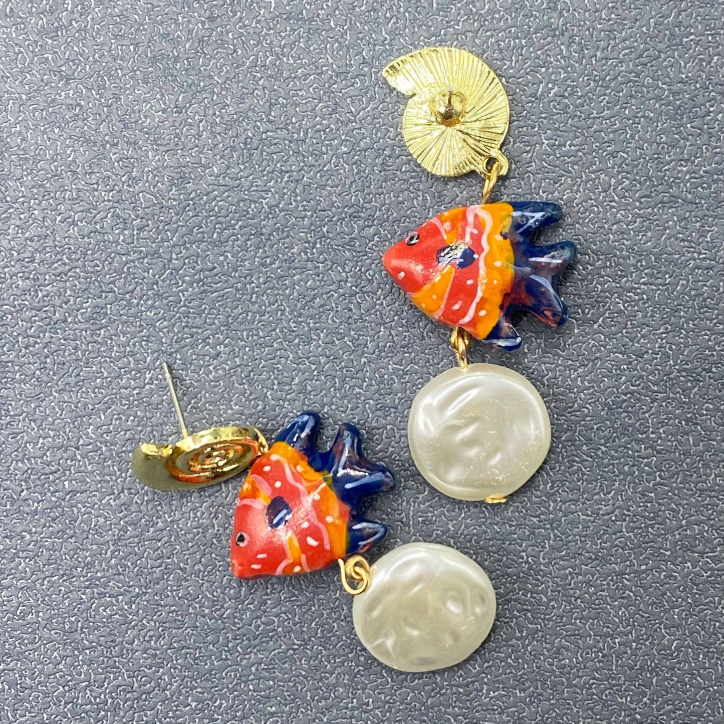 Resin Fish Charm Conch Post Earrings