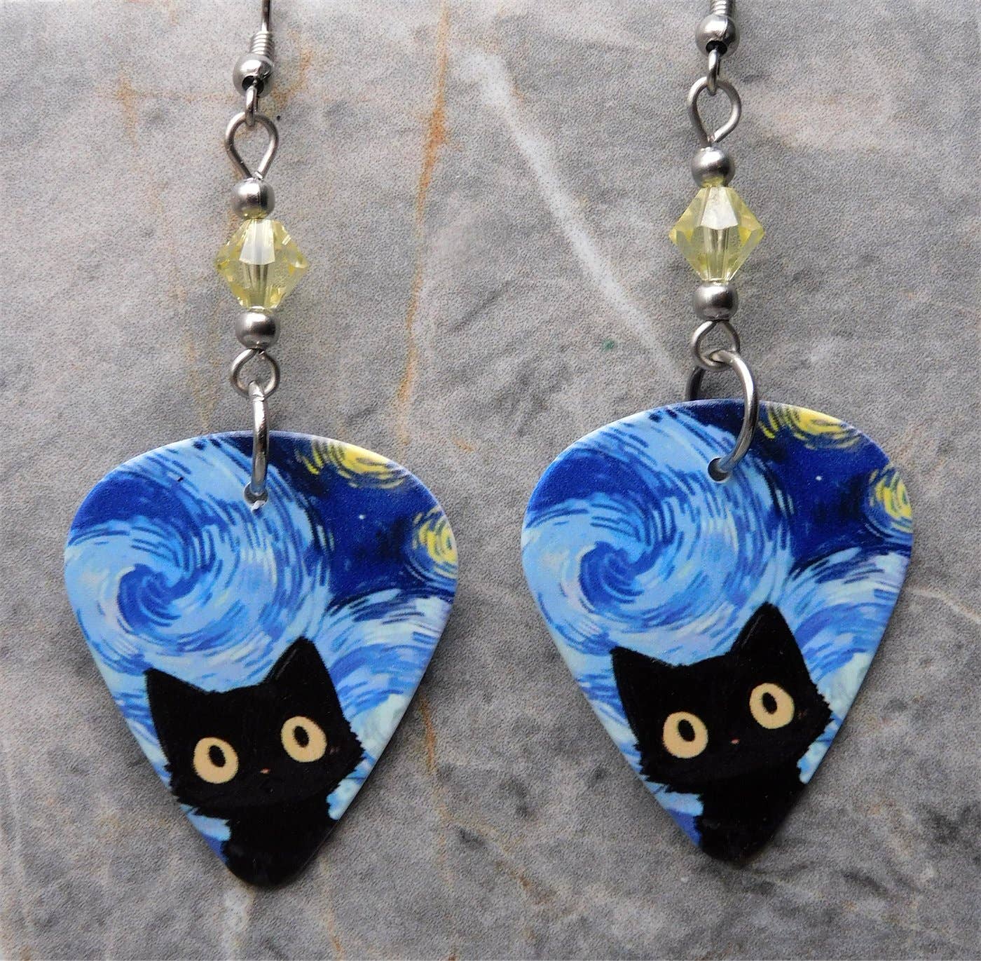 Wide Eyed Starry Night Black Cat Guitar Pick Earrings