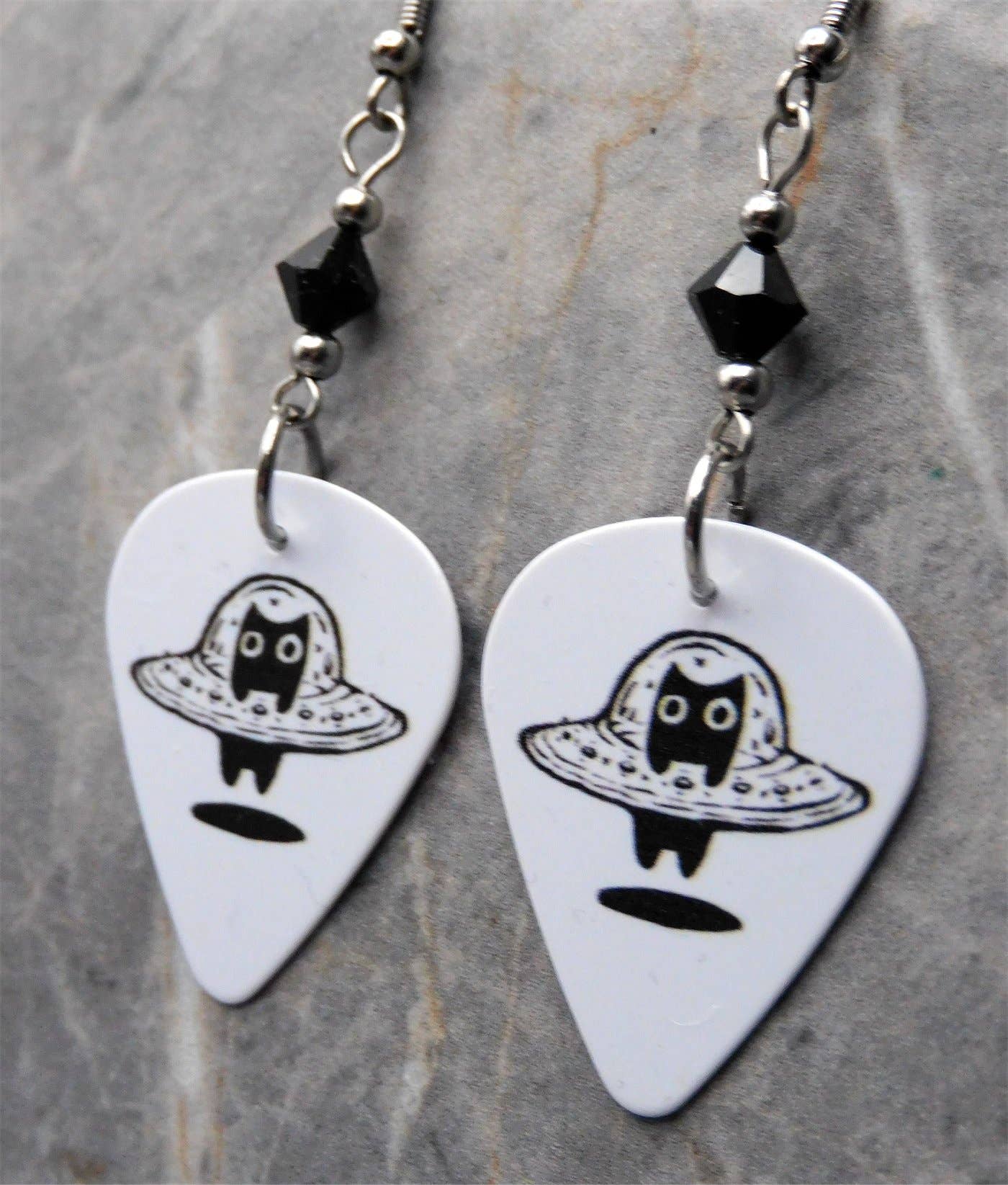 Black Cat In A UFO Guitar Pick Earrings w Black Swarovskis