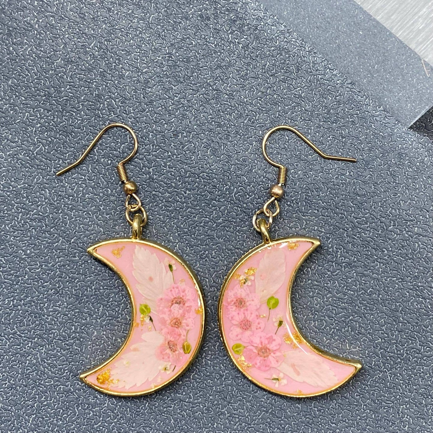 Pressed Dried Flowers Floral Moon Dangle Earrings