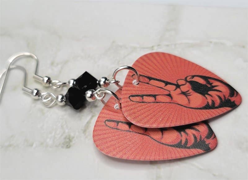 Peace Sign Fingers Guitar Pick Earrings with Black Swarovski Crystals