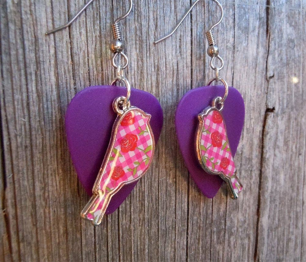 Pink Plaid and Flowered Bird Charm Guitar Pick Earrings