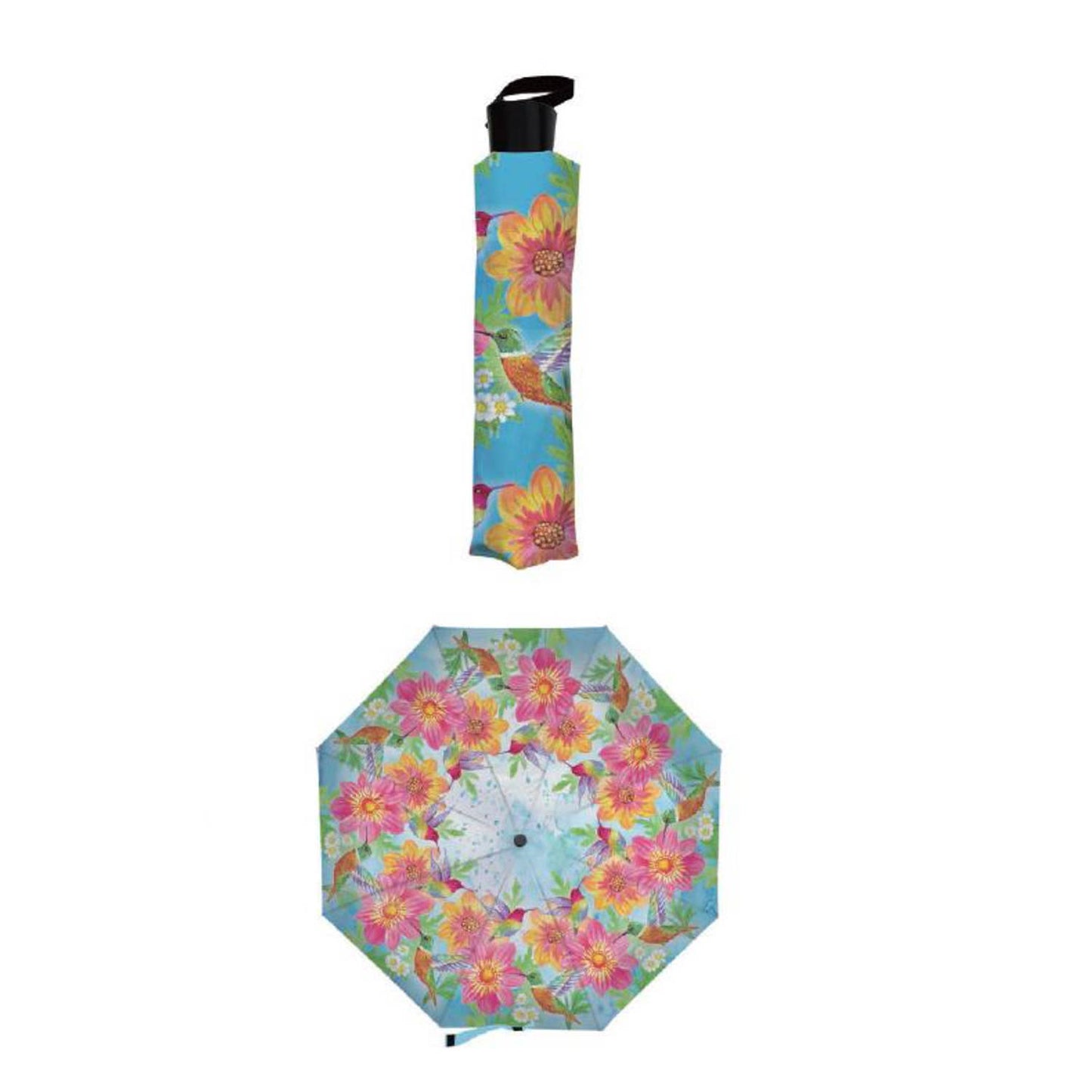 Colorful Humming Bird and Flowers Compact Manual Umbrella