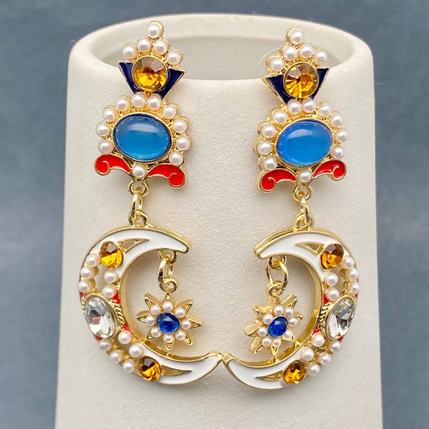 Vintage Rhinestone Enamel Star Moon Dangle Earrings