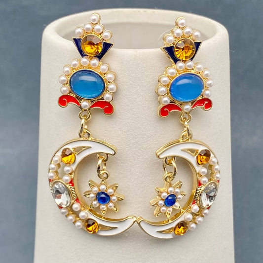 Vintage Rhinestone Enamel Star Moon Dangle Earrings