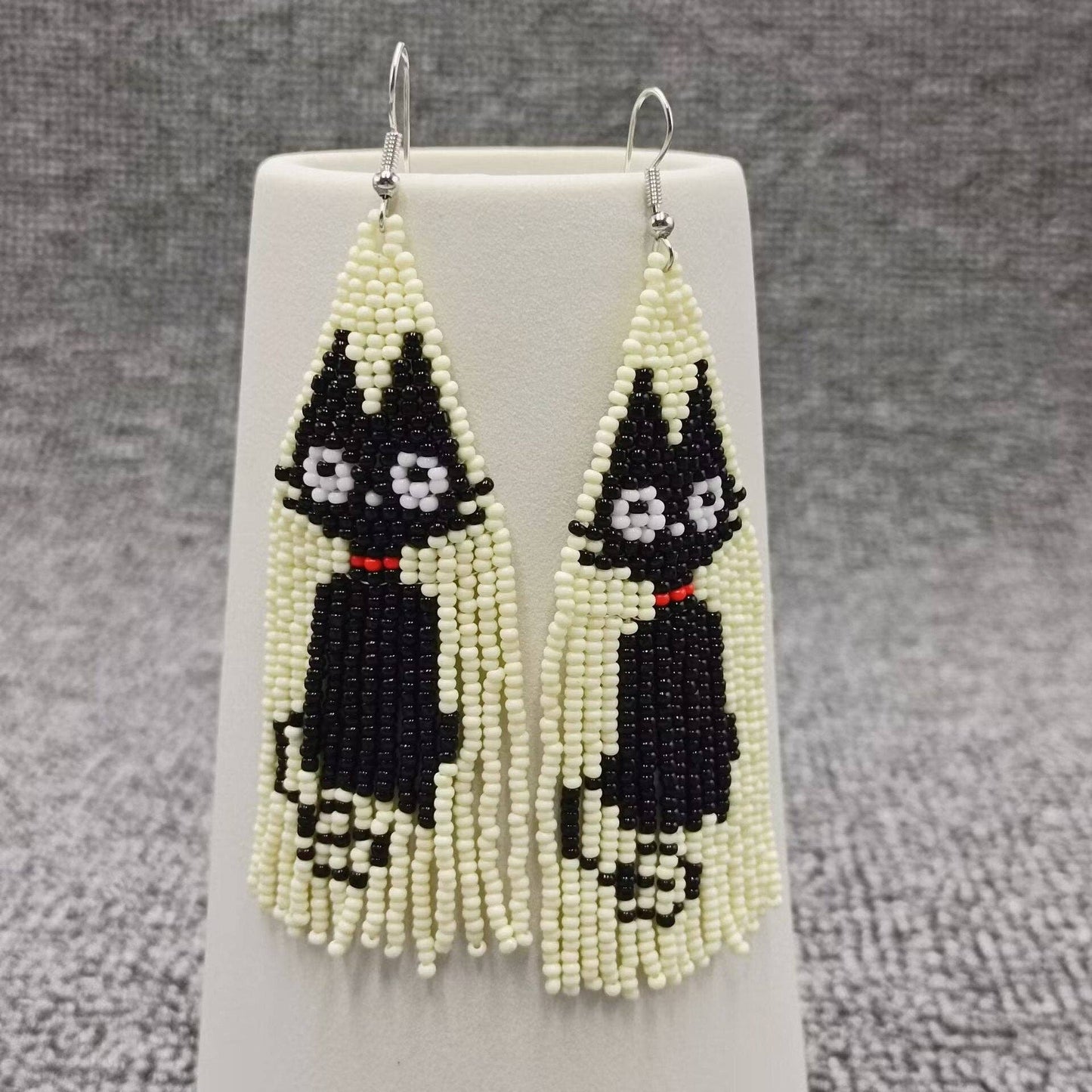 Black Cat Pattern Seed Beads Fringe Earrings