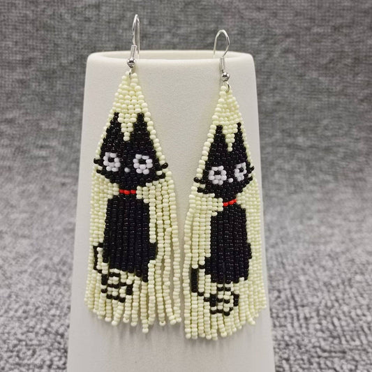 Black Cat Pattern Seed Beads Fringe Earrings