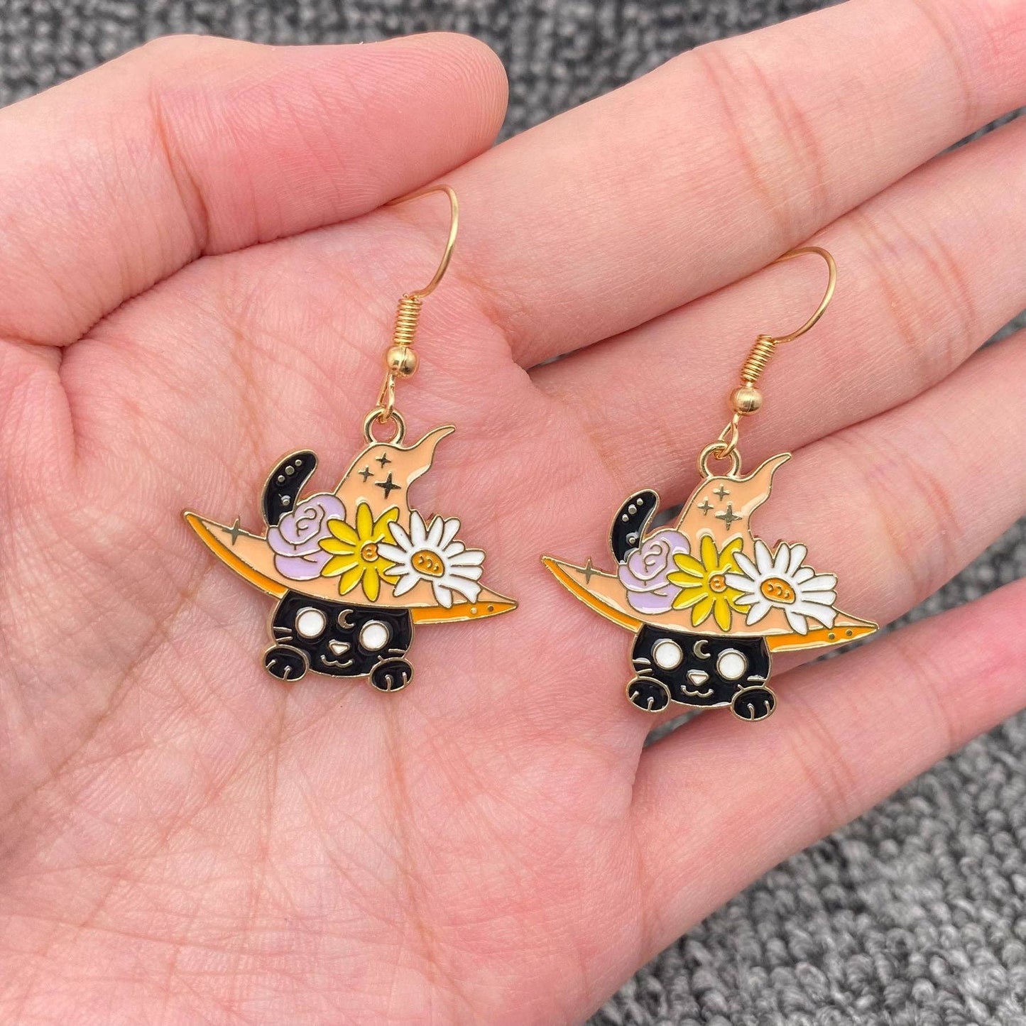 Multi Style Enamel Flower & Magic Cat Dangle Earrings