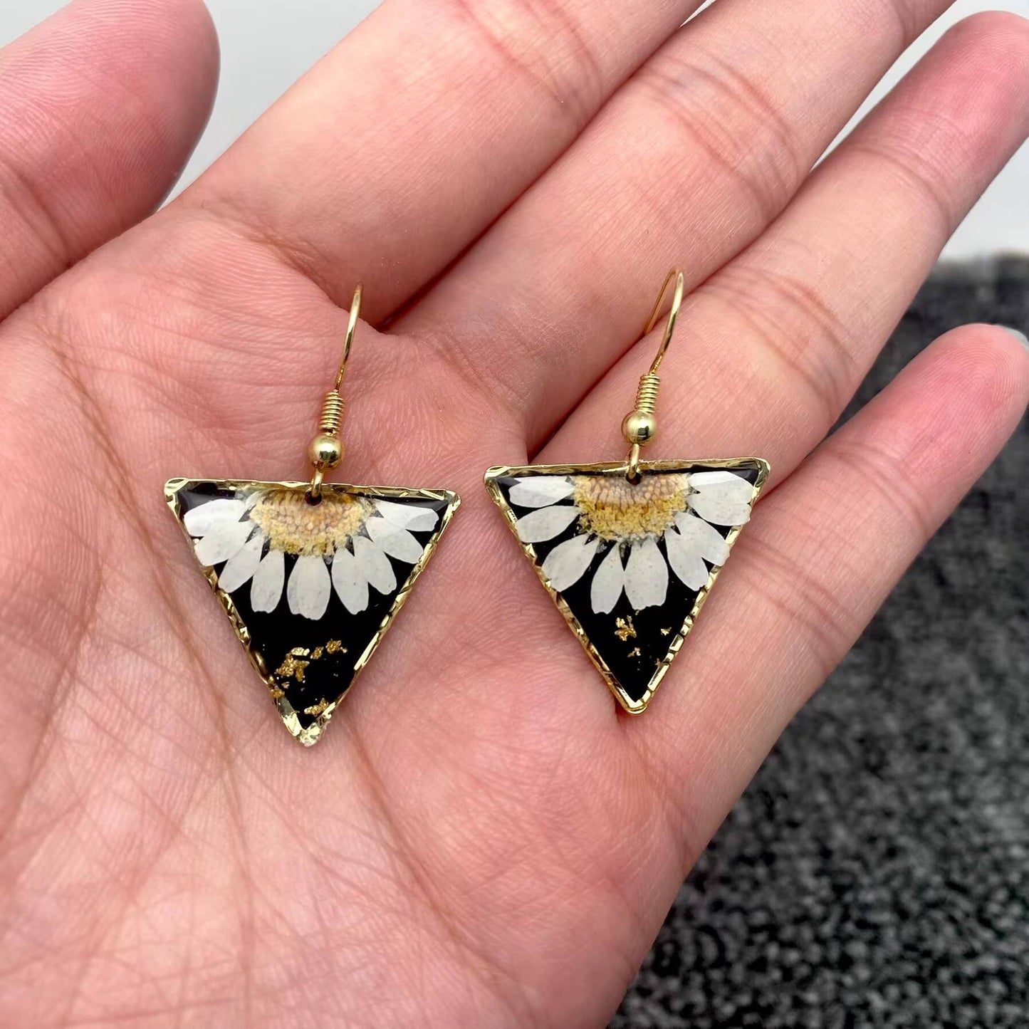 Chrysanthemum Dried Flower Black Triangle Earrings