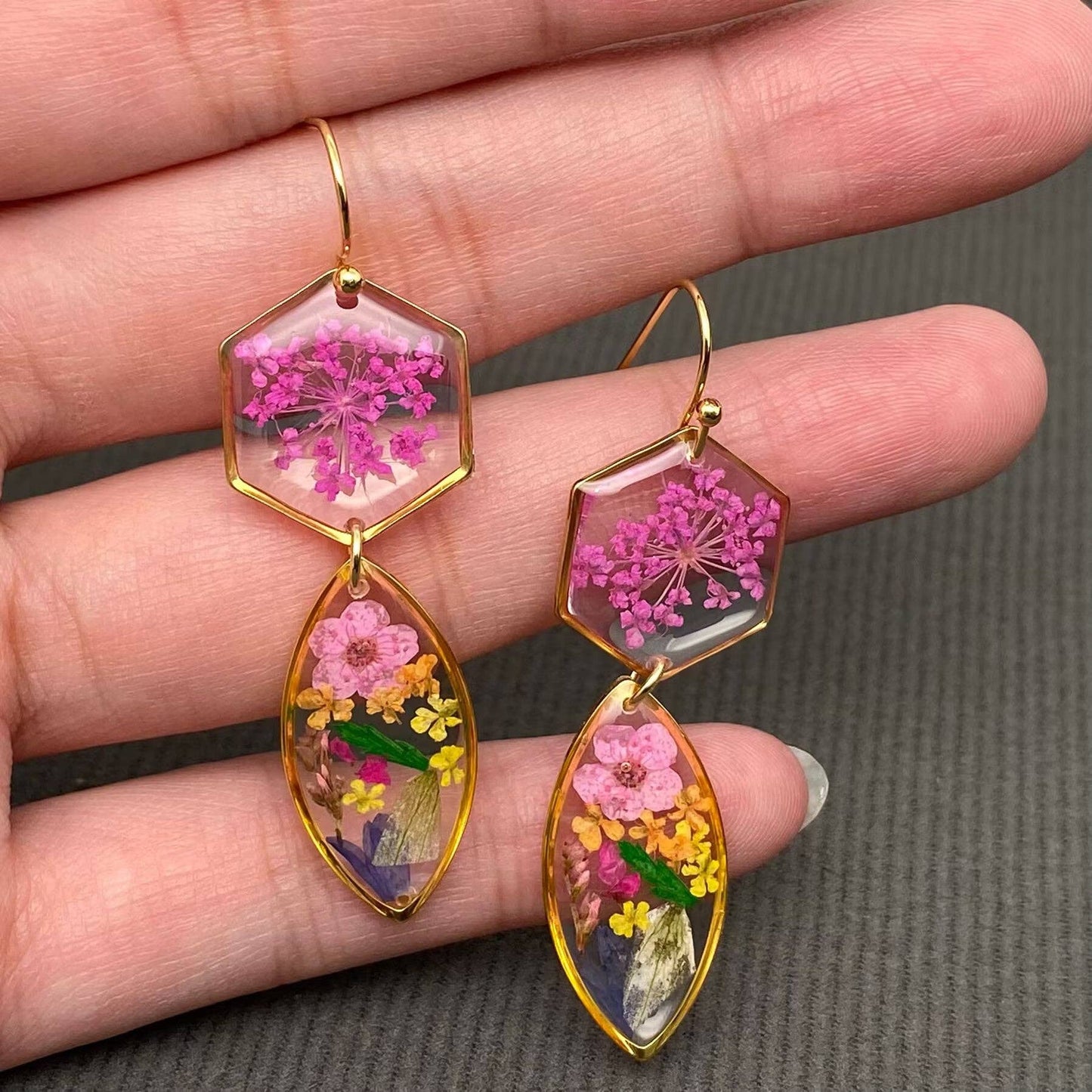 Dried Flowers Floral Geometric 18K Golden SS Earrings
